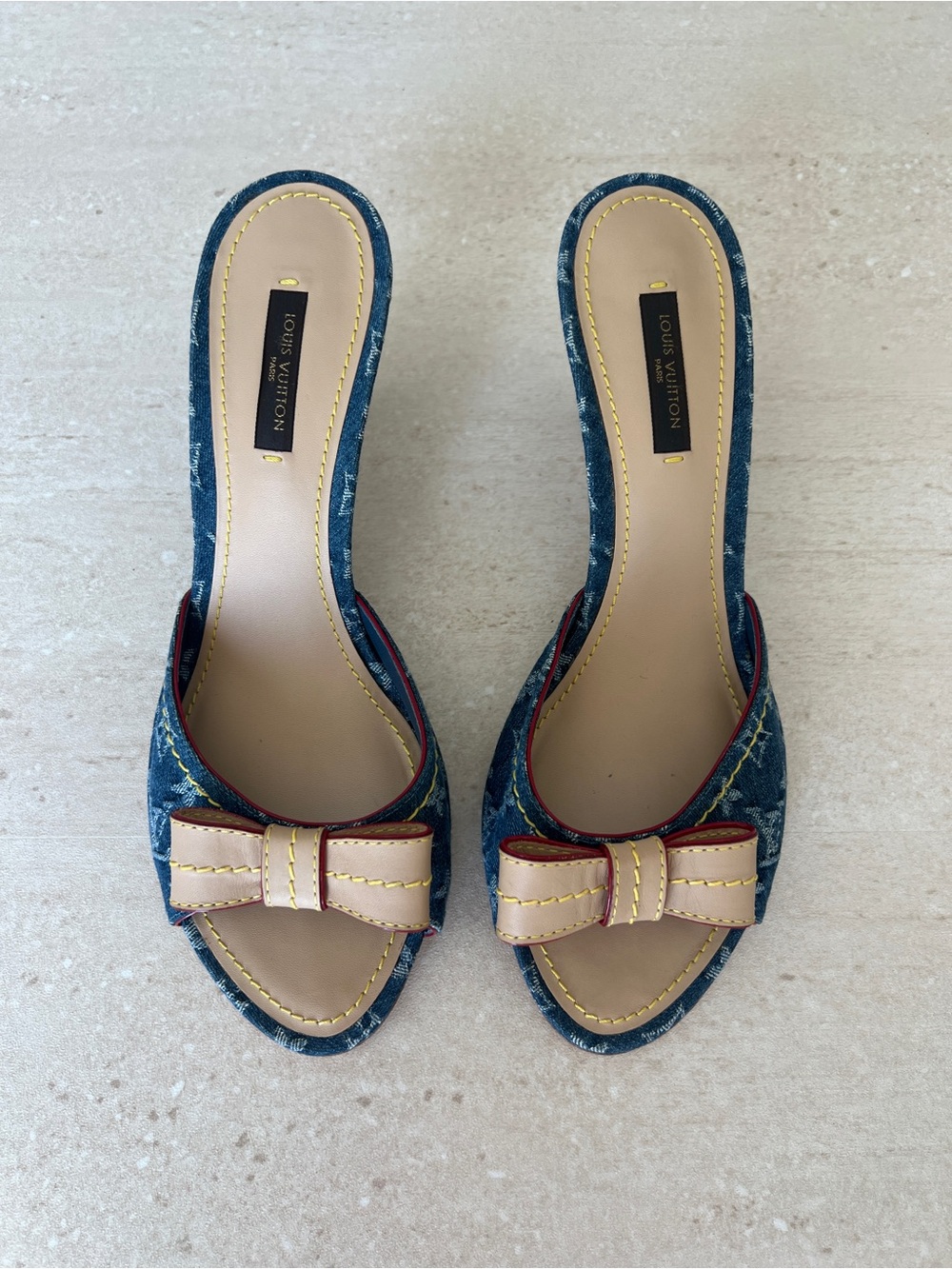 Louis Vuitton Denim Monogram Slide Mules with Beige Bow